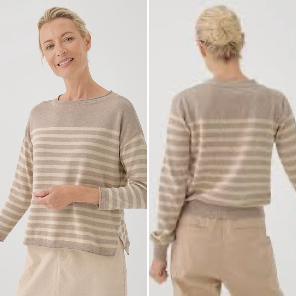 Pact Women's Striped Sweater in Beige and Cream